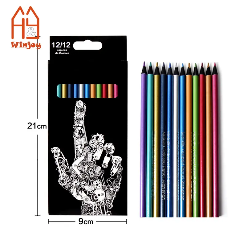Custom 7 pulgadas 12 lápices de colores de madera negra, juego de lápices de dibujo de bocetos de plomo metálico con caja pet para la escuela y la Oficina.