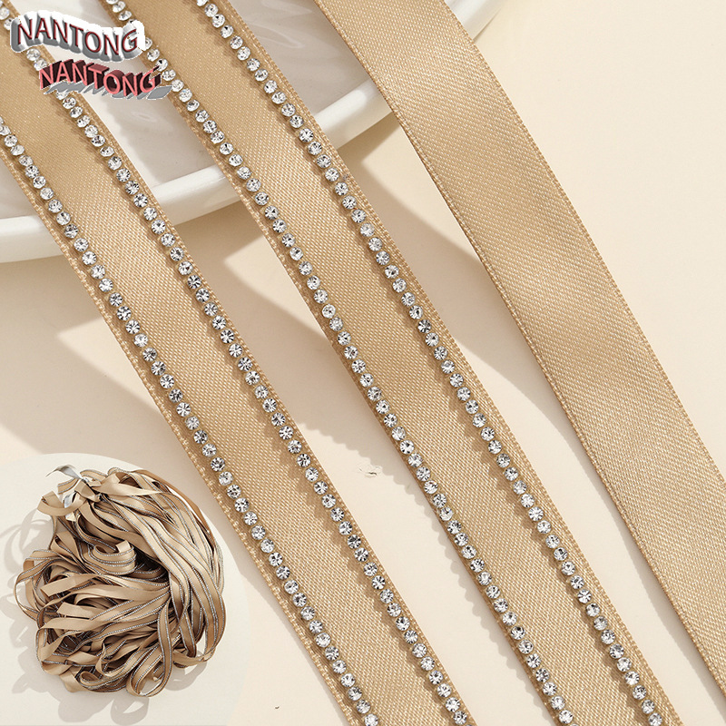 2 Double-row rhinestones - light brown webbing, 16mm wide