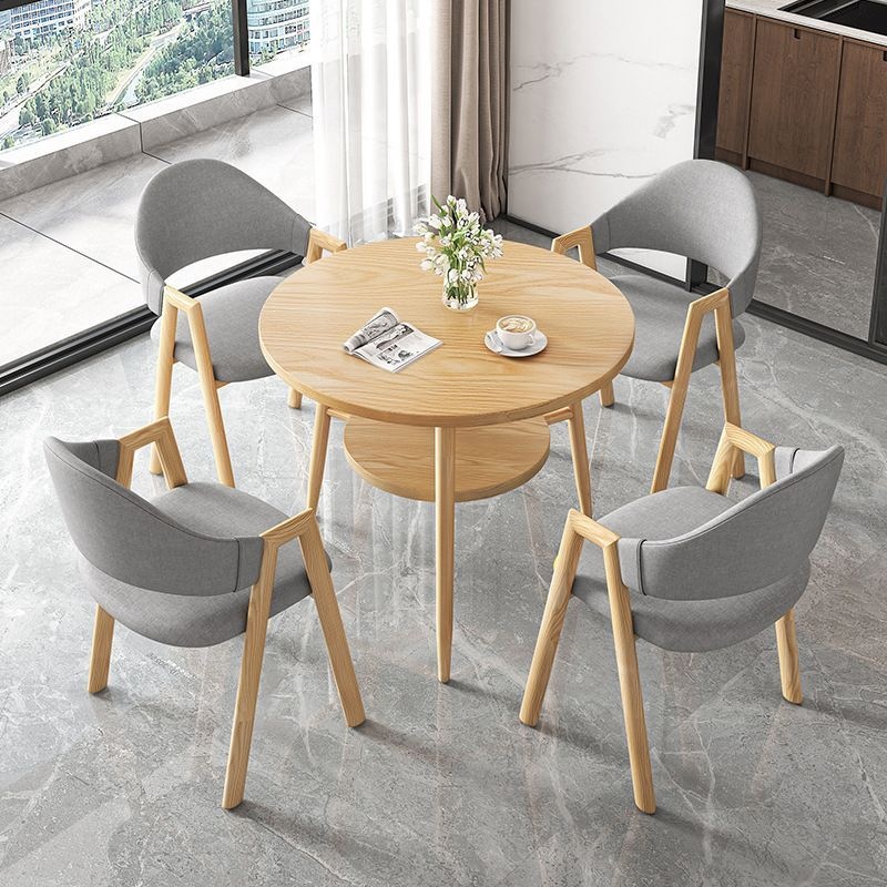 Round table + 4 light gray fabric chairs-natural wood color legs