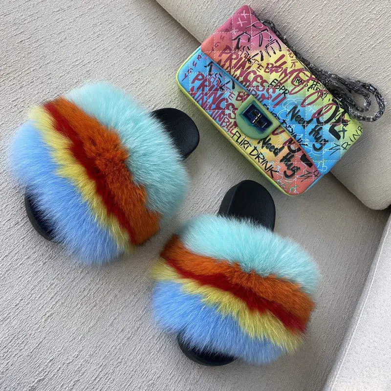 Pretty cute Real fox Fur Shoes Wholesale Women Slipper Flip Flop rainbow fur slides matching fashion Handbag Jelly Bag