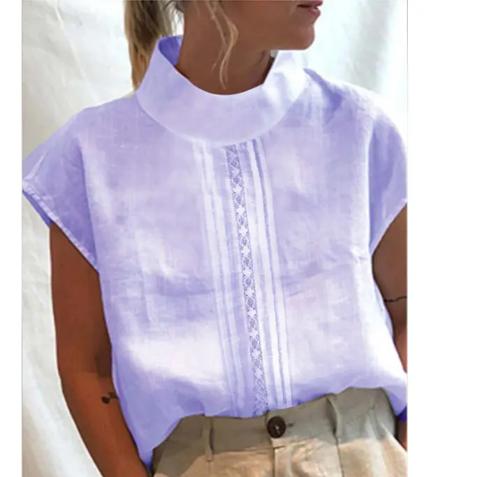 Blusa holgada informal de algodón y lino para S-3XL, camisa de manga corta color liso para mujer