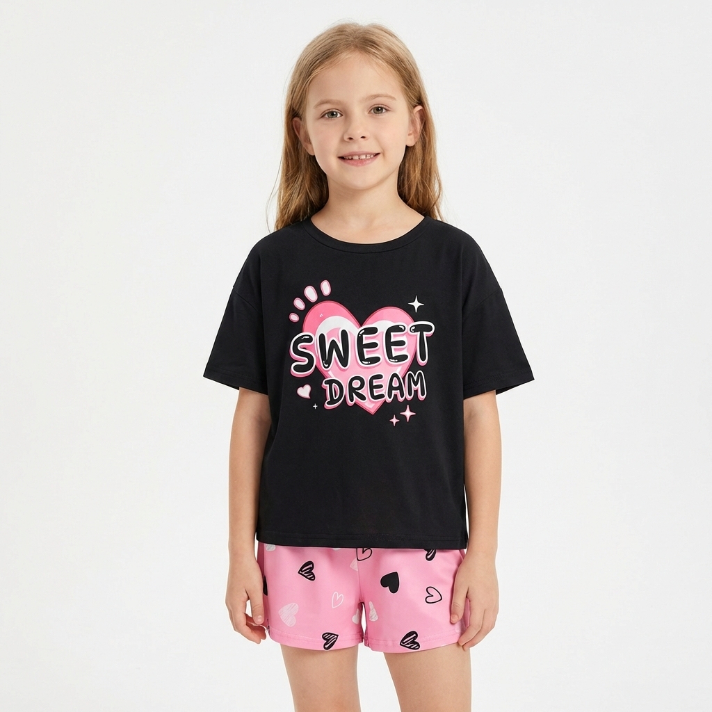 Ensemble chemise et short noir et rose