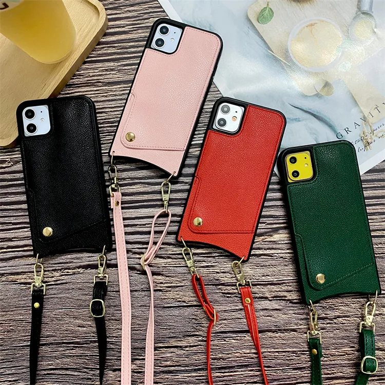 Fashion Leather Wallet Card Slot Stand Houder Mobiele Telefoon Case Cover Met Crossbody Chain Strap Voor Iphone 13 Pro max