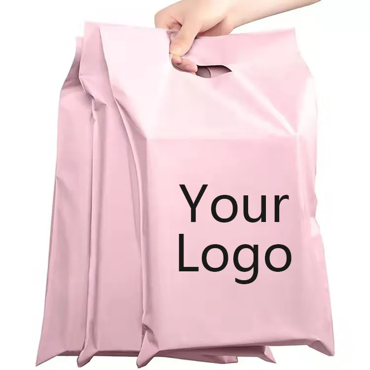 Wholesale courier plastic mail bags handle Custom Logo pink poly mailer thank you mailing bags for clothing water tear proof