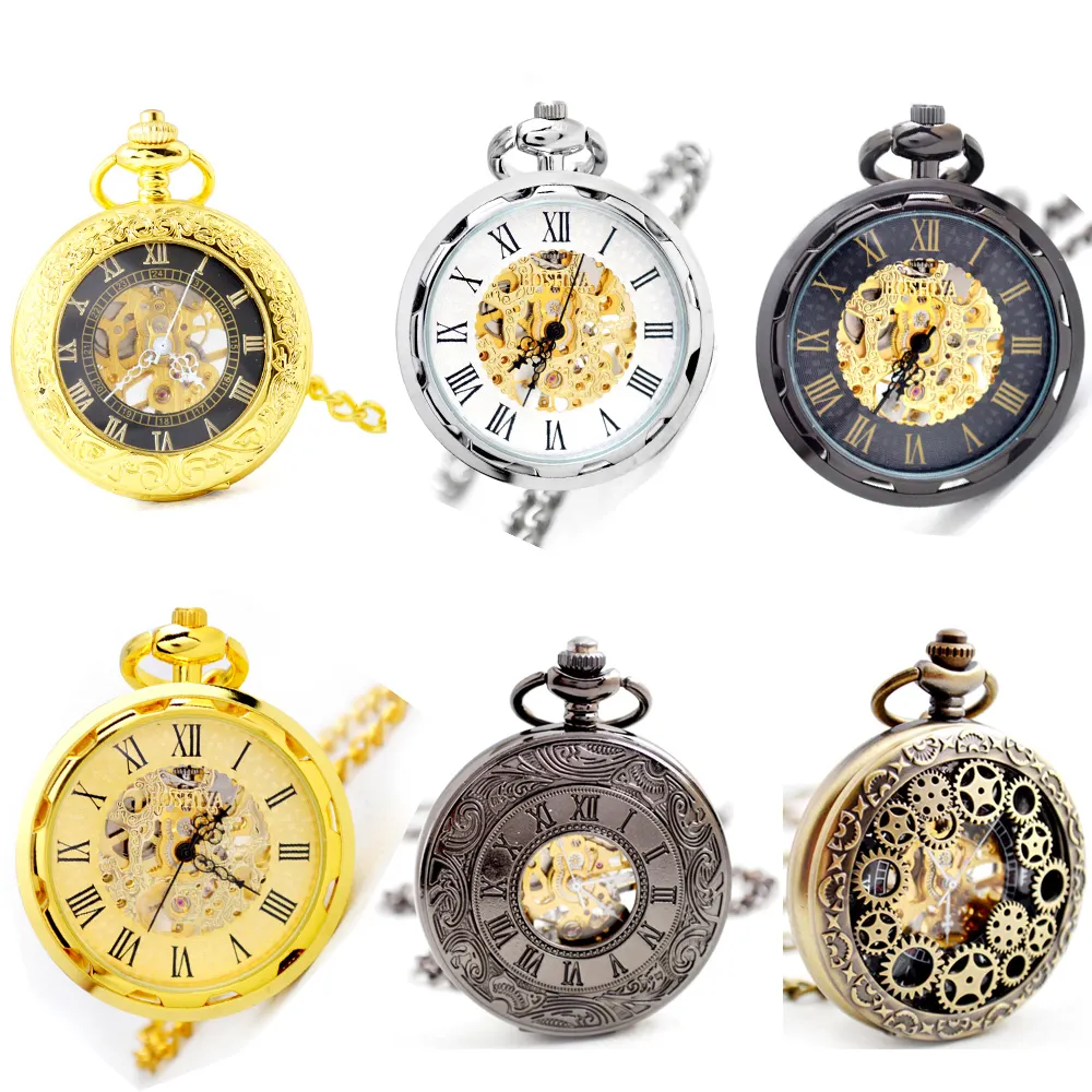 Reloj de bolsillo mecánico Retro dorado para hombre, reloj de bolsillo con cadena, collar ahuecado, regalos de Año Nuevo