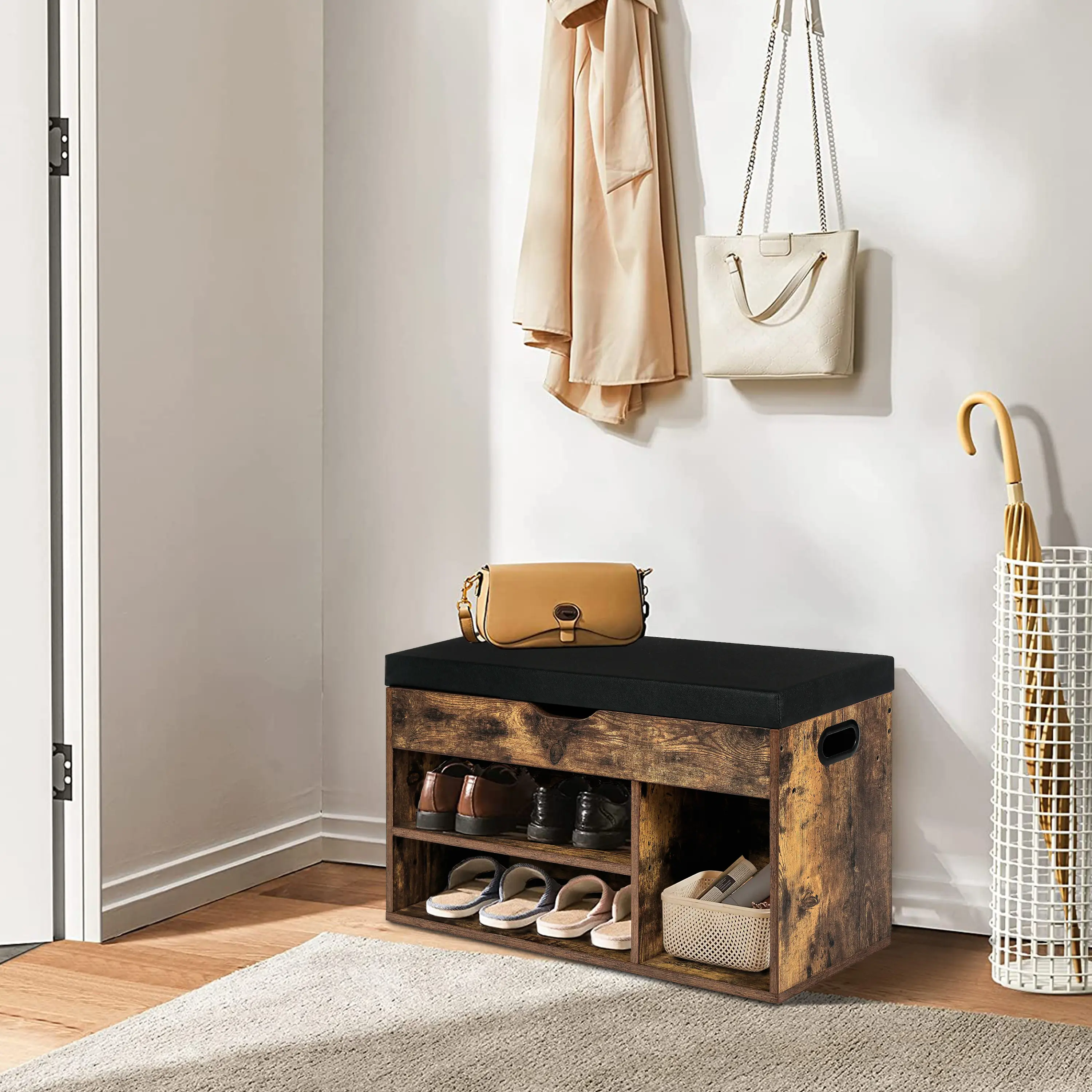 Étagère à chaussures brun rustique organisateur de stockage banc à chaussures avec coussin pour l'entrée