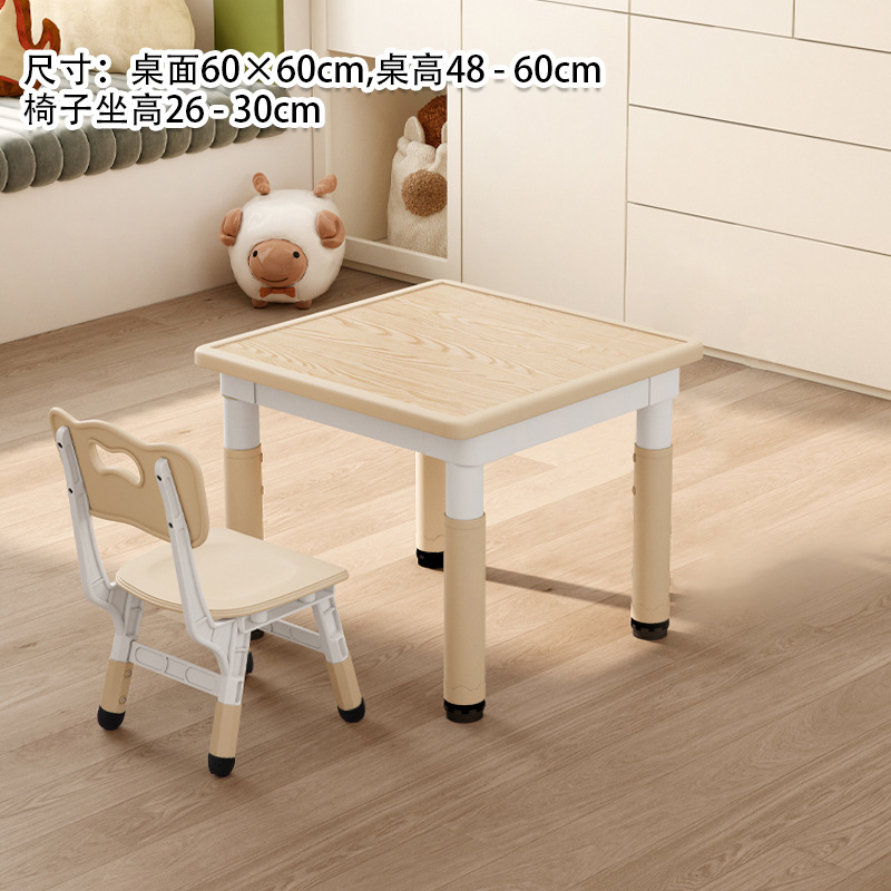 Una mesa y una silla con vetas y color de madera.