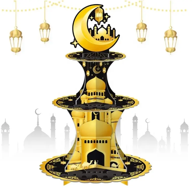 3 Tier Eid Mubarak Ramadan Party Cake Display Stand Black Gold Moon Star House Cupcake Rack Holder Muslim Party Cake Tray Decor
