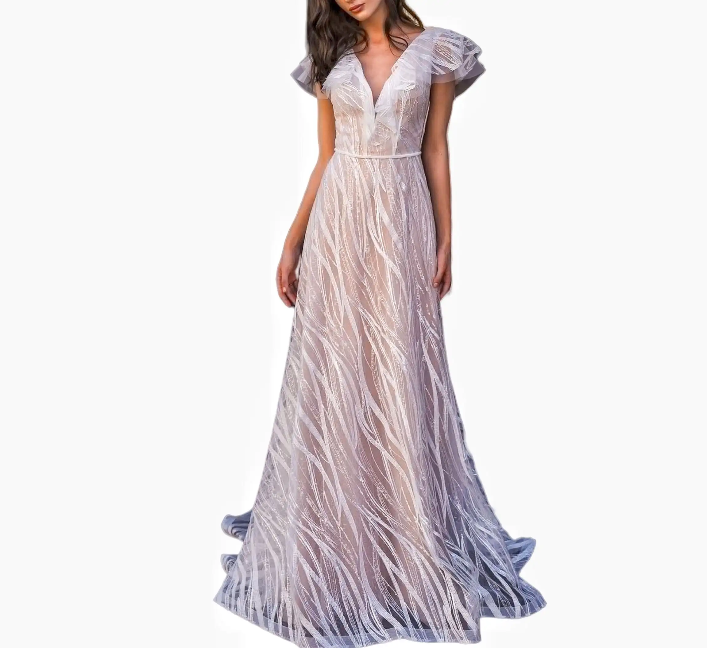 2024 primavera/verano nuevo vestido de cena sexy para mujeres europeas y americanas vestido de novia de encaje con cuello en V y hojas de sauce largo