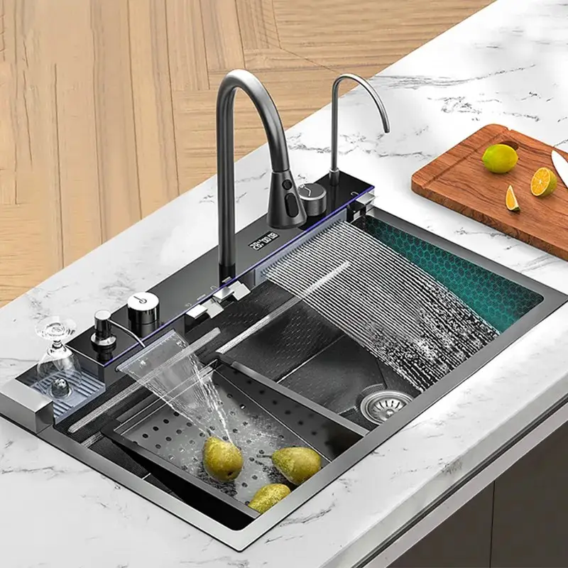2023 mới nhất thông minh bồn rửa 304 thép không gỉ kỹ thuật số hẹn giờ nhà bếp duy nhất Bát kỹ thuật số Thác vòi nước bồn rửa nhà bếp