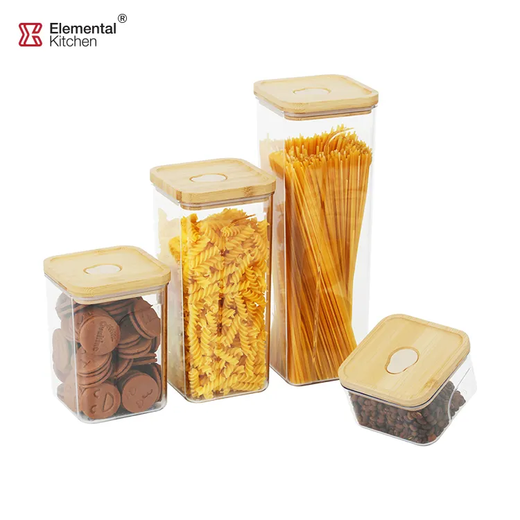 Organisateur cube en plastique transparent organisateur de stockage récipient de stockage de céréales avec couvercle en bambou