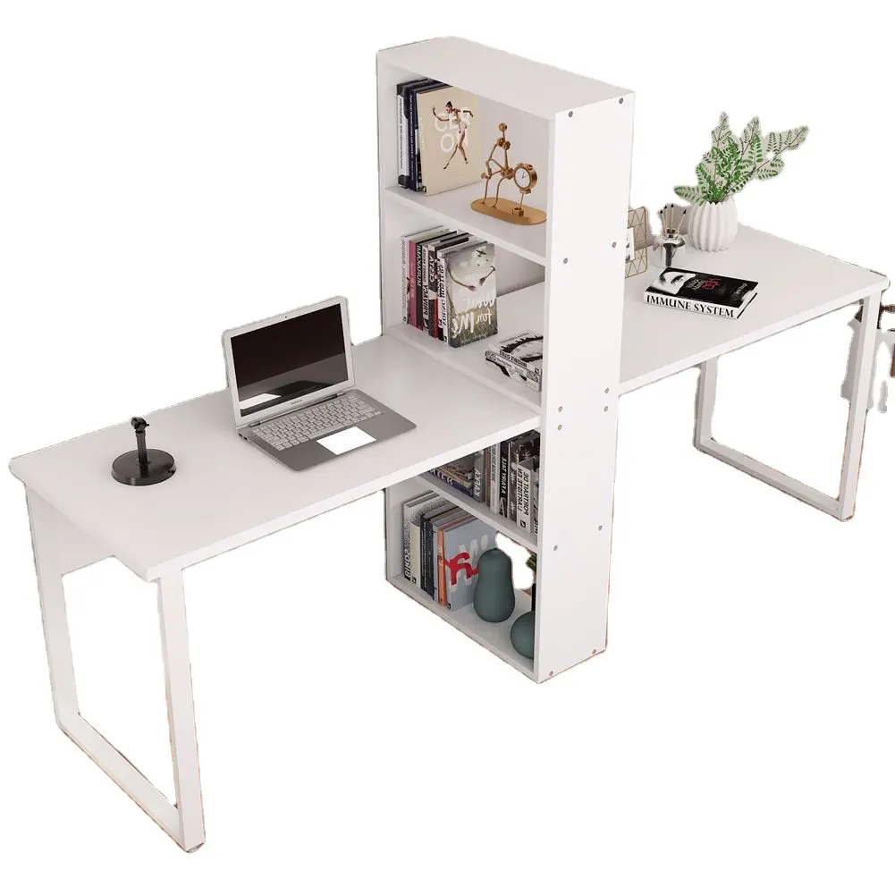 Escritorio de oficina soho blanco, mesa de juegos con sillas, escritorio de ordenador, estación de trabajo moderna de madera con estantes de libros para 2