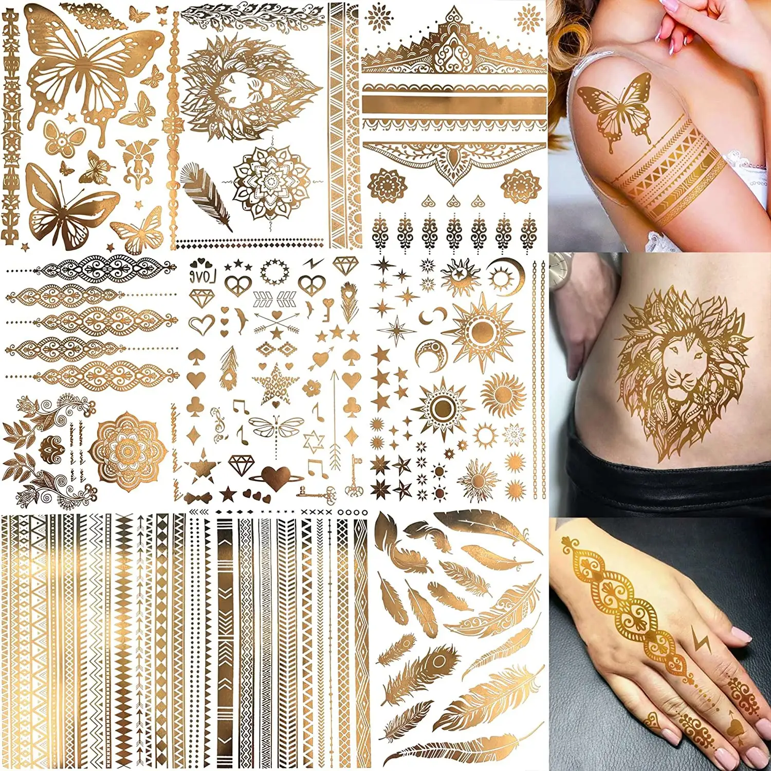 Harga terbaik kustom kulit aman India Mandala Mehndi desain metalik Foil emas tato sementara