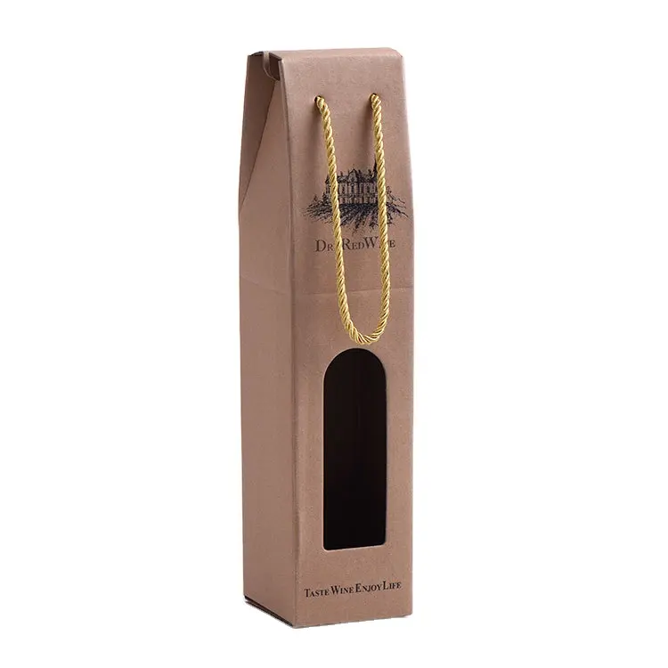 Botella individual de papel corrugado personalizada, caja de vino con asa de cuerda