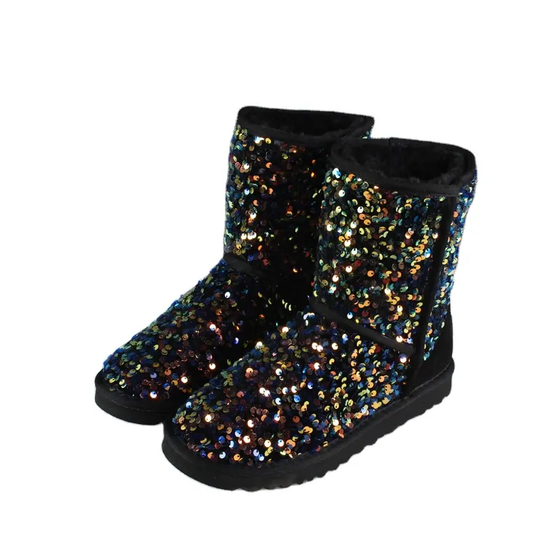Dropshipping Popular grueso-Fondo cálido plano mujeres botas de nieve Bling lentejuelas moda invierno botas de nieve para niñas