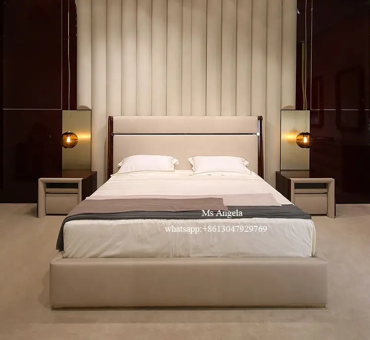 Modern otel yatak odası mobilyası gerçek deri yetişkin prenses yatak süper tek kral fransız döşemeli minder başlık yatak