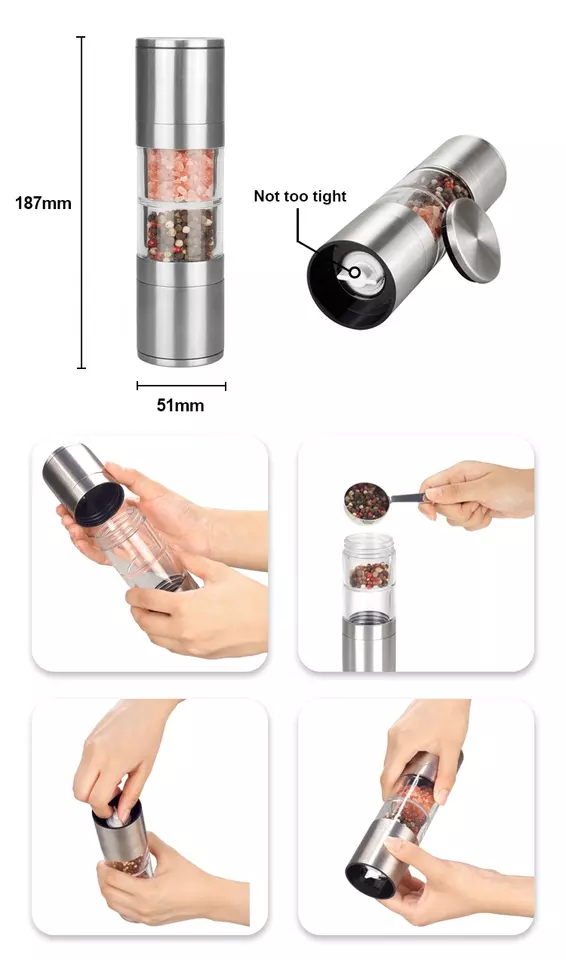 Custom Adjustable Manual 2 In 1 Pepper Mill Bottle Mini Dual Herb Spice Mill Shaker Set Stainless Steel Salt And Pepper Grinder