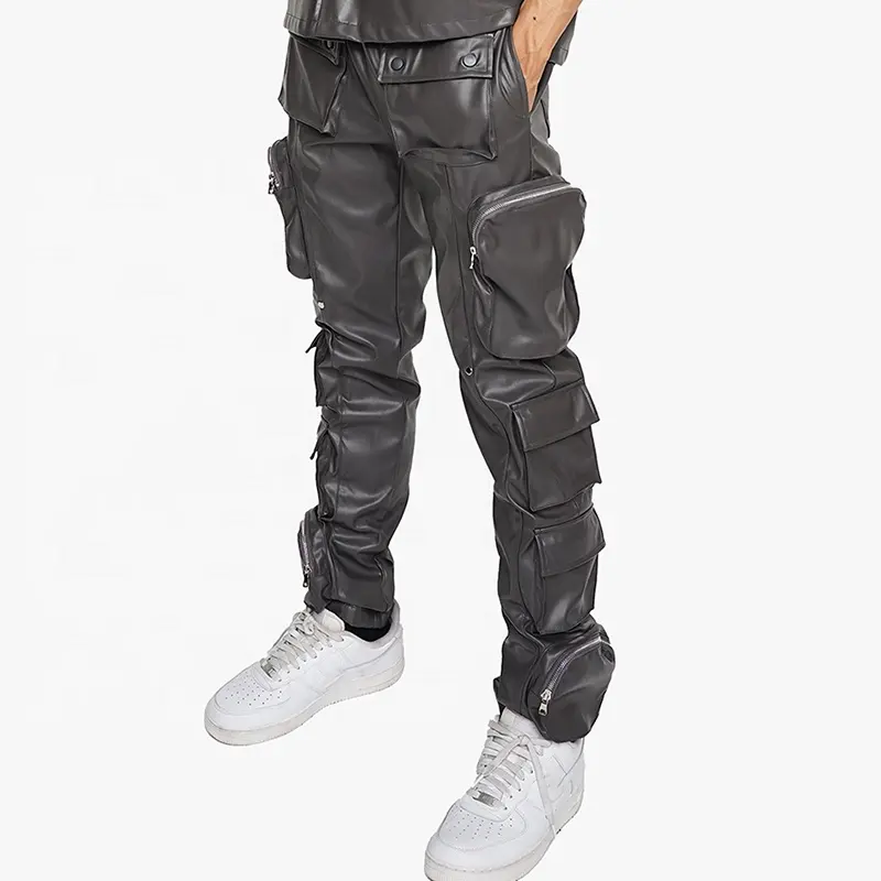कस्टम चमड़े के कार्गो पैंट डिजाइनर 10 कार्गो जेबों चमड़े के पैंट पुरुषों की सड़क शैली में आराम से स्किनी फिट आकस्मिक पैंट