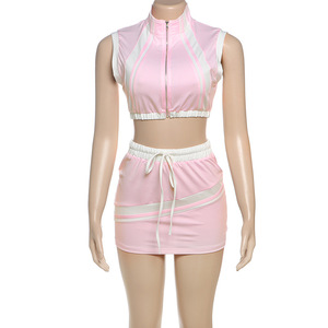 Summer Women Clothes 2 Piece Skirt <strong>Set</strong> New <strong>Sexy</strong> Zipper Crop Top Drawstring <strong>Short</strong> Skirt Color Block Trendy Two-piece Skirt <strong>Suit</strong>