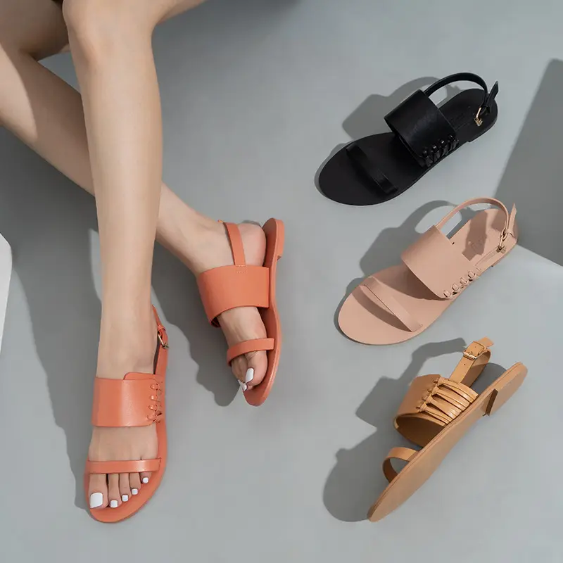 Open-toe sandálias de couro das mulheres verão sandálias planas