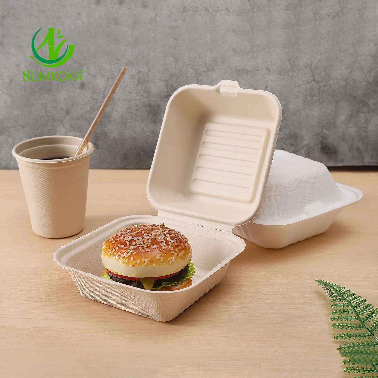 Sugarcane 100% mudah terurai PFAS gratis 6 "wadah makanan cangkang kerang dengan tutup stabil wadah makanan Burger