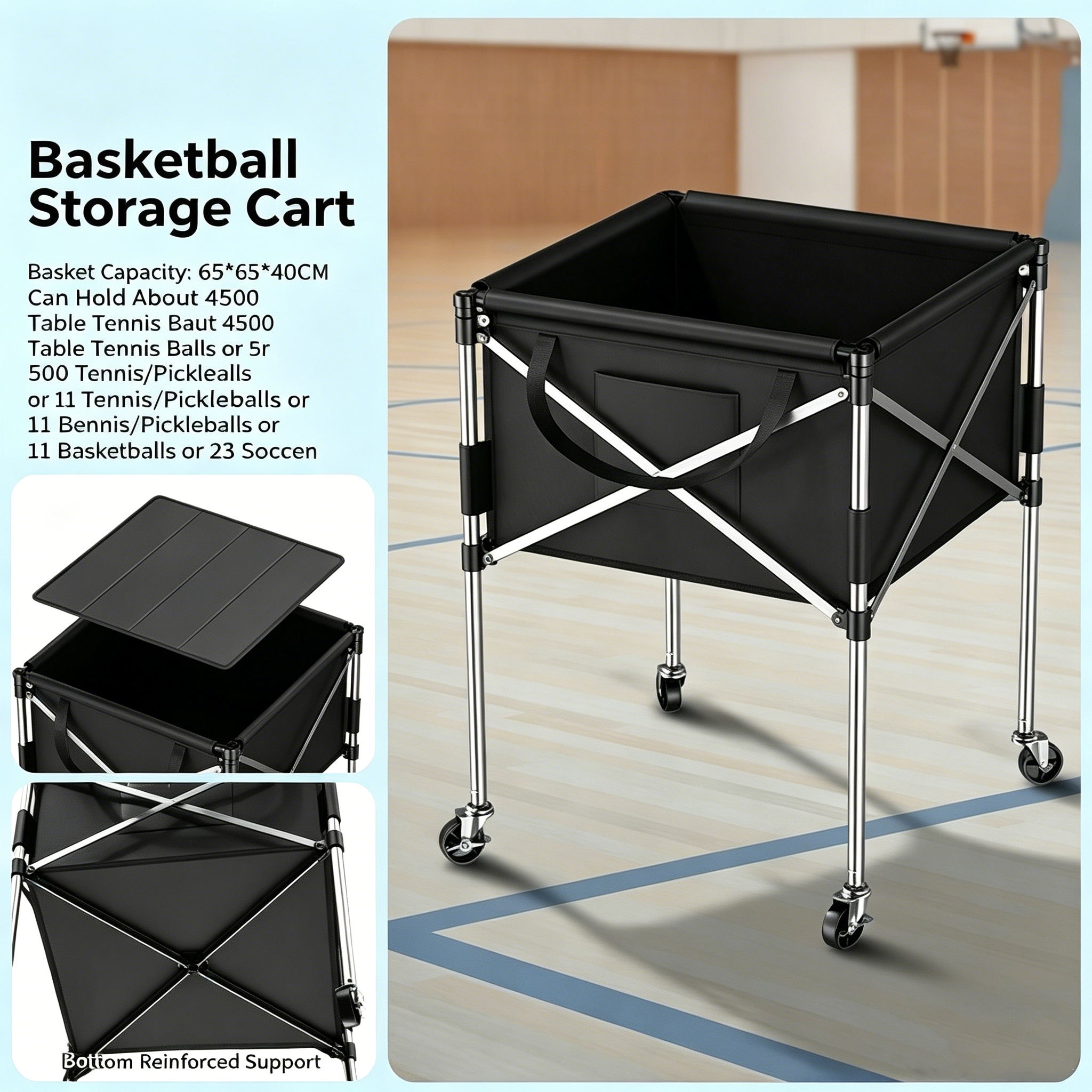 Chariot à balles de tennis pliable en acier inoxydable, grand modèle