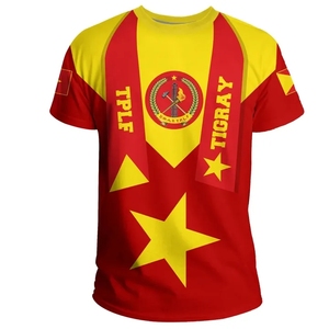 เสื้อยืดแขนสั้นพิมพ์ลายดาวสีเหลืองและแดงสำหรับผู้ชายเสื้อยืดผ้าโพลีเอสเตอร์สำหรับฟิตเนสธงเอธิโอเปียออกแบบได้ตามต้องการ