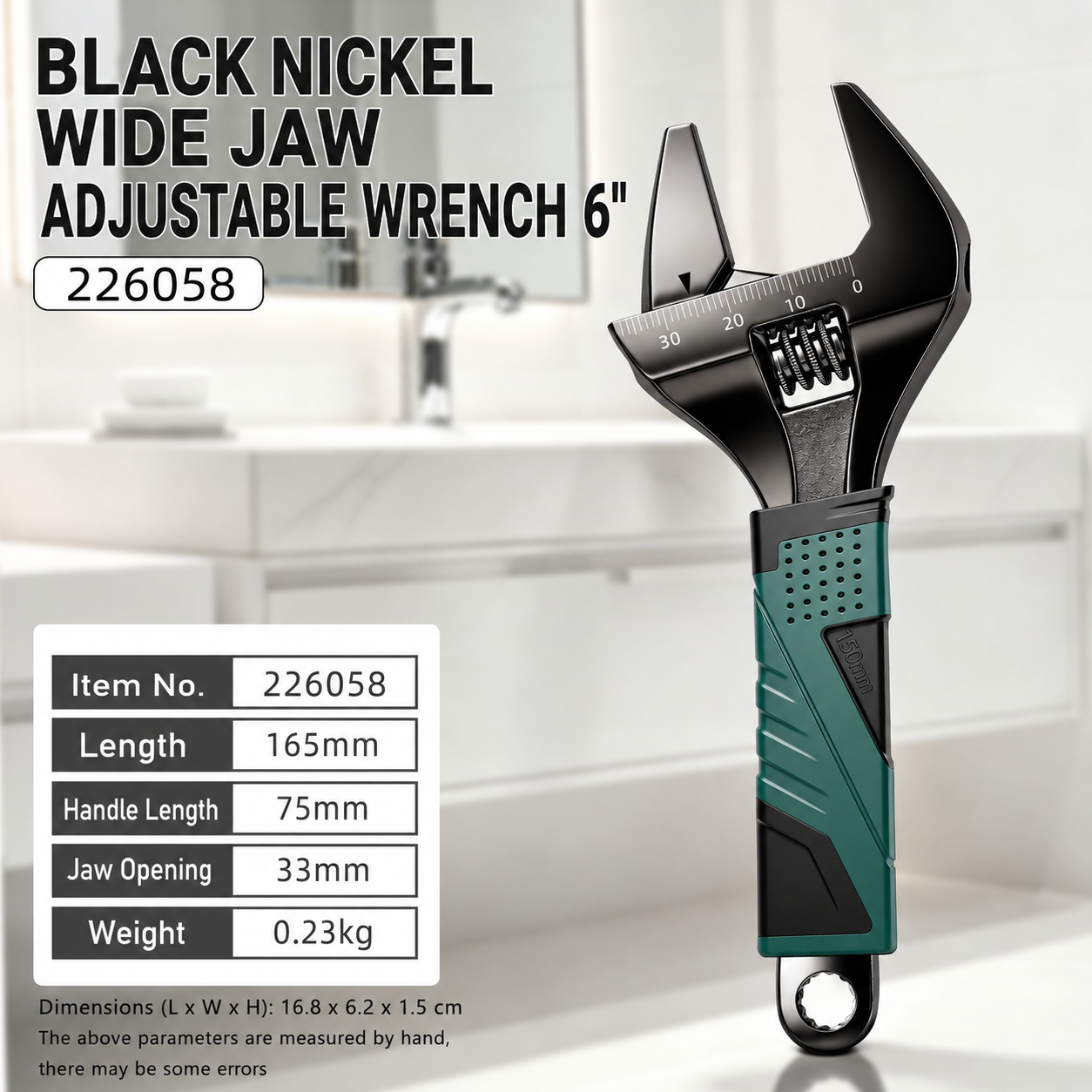 6in industrial grade adjustable wrench with black nickel plating