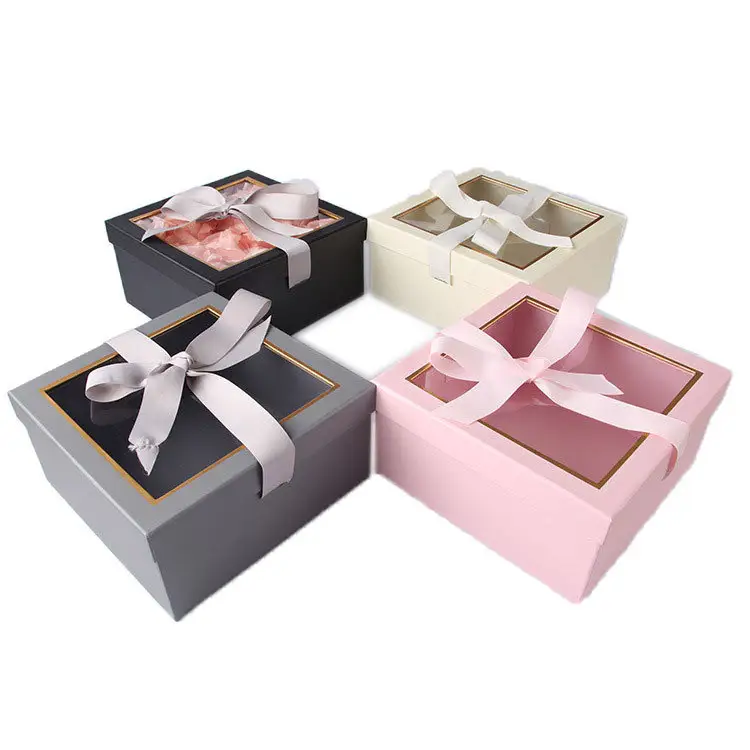 Venta al por mayor exquisito lujo negro blanco rosa gris conjunto de dos piezas con lazo cinta PVC ventana cuadrada caja de papel de regalo para las flores