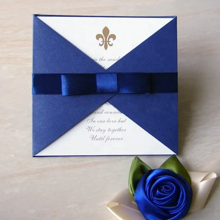 Fábrica de Vietnam diseños personalizados en blanco elegante lujo boda invitación cumpleaños papel azul tarjetas de felicitación