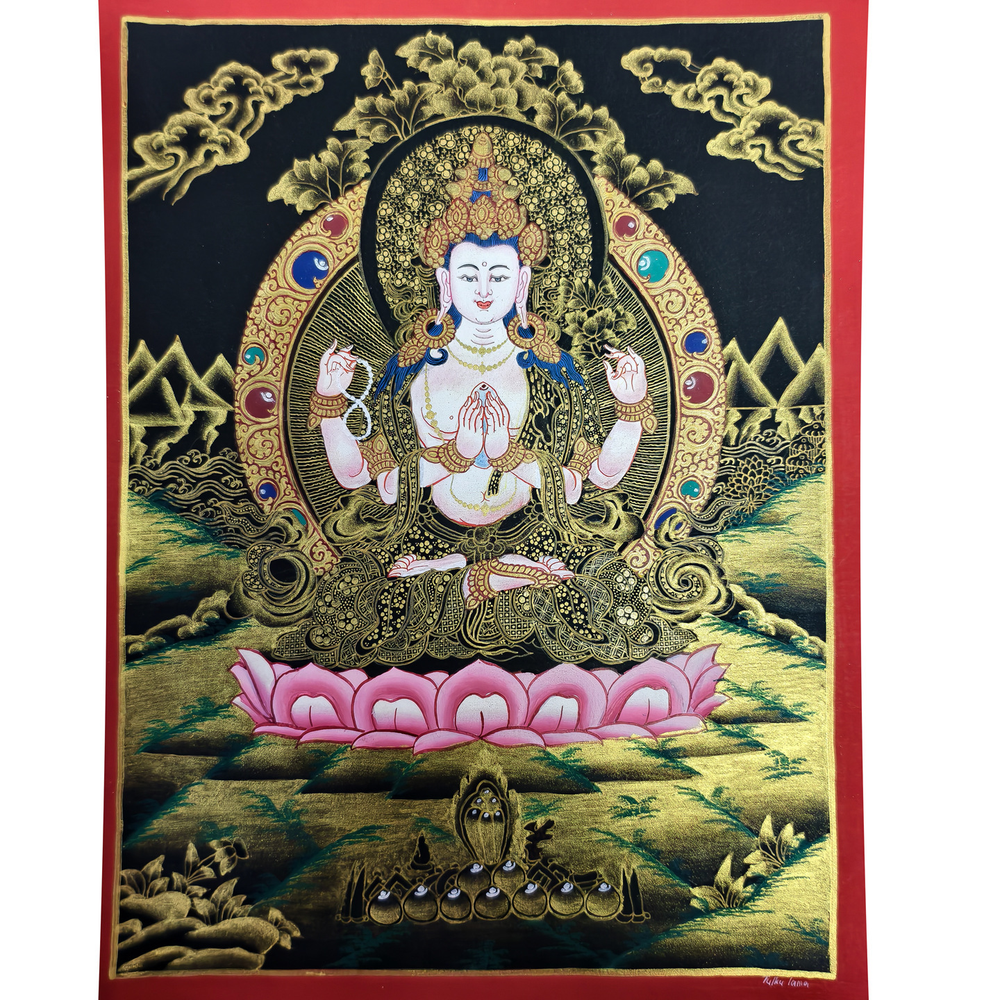 Noyau de peinture Avalokitevara à quatre bras en or noir 3020