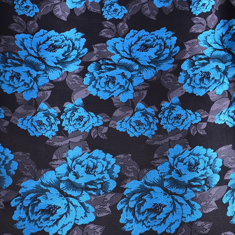 Tejido floral para vestido, último diseño, 100% poliéster, color azul y negro