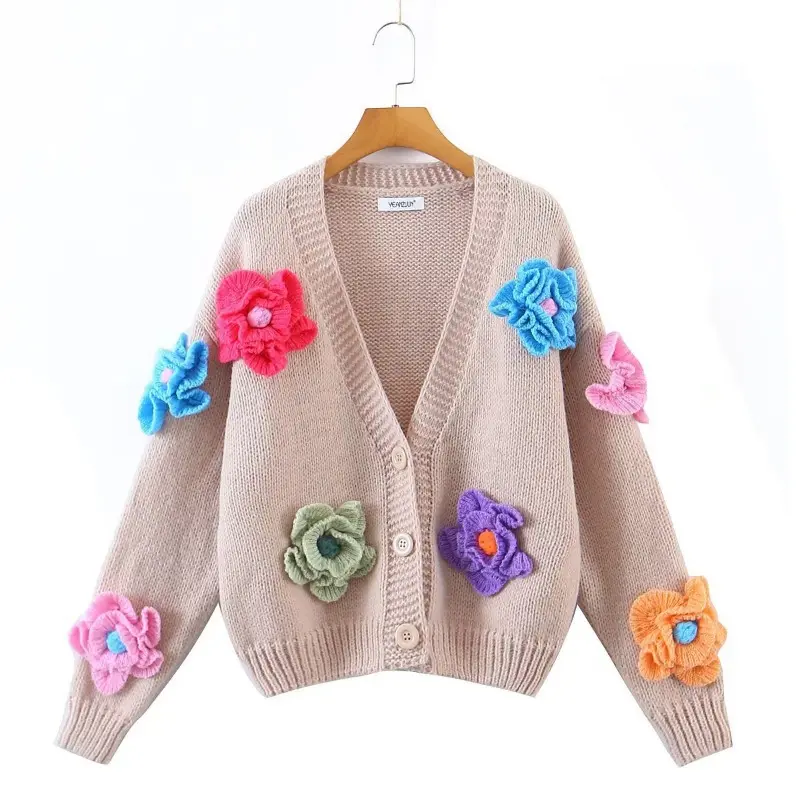 Cárdigan holgado con flores de colores para mujer, suéter tejido con cuello en V y manga farol para invierno, 2023