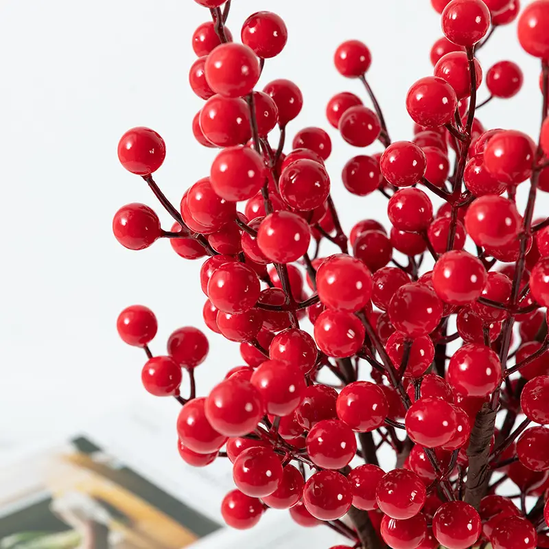 ホットセール2024中国の新年の装飾人工赤いフルーツ5フォーク赤いチェリーテーブル幸せな中国の年の装飾
