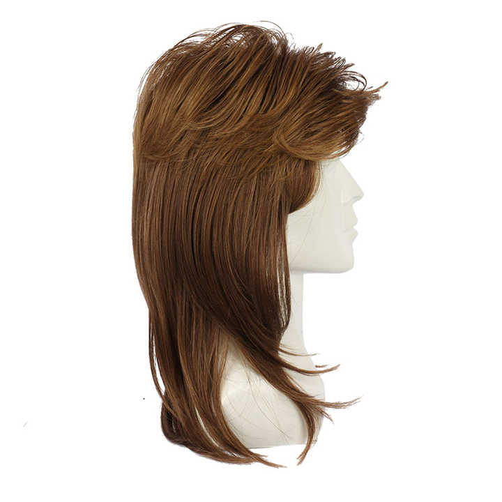 Kaneles Mullet Brown Black 80's Rock Mullet Adult Men's Party Synthetic Wig Fluffy Short Curly Head Cover