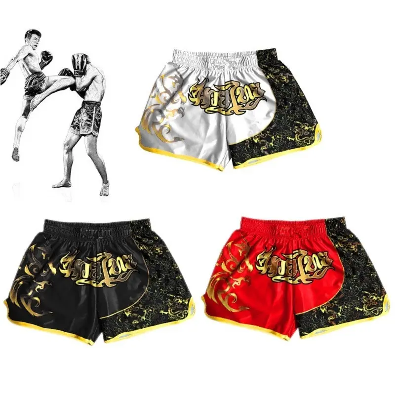Design di personalizzazione Logo personalizzato Muay Thai Fight Shorts Boxer in cotone oro e rosso pantaloncini da uomo Bjj Mma