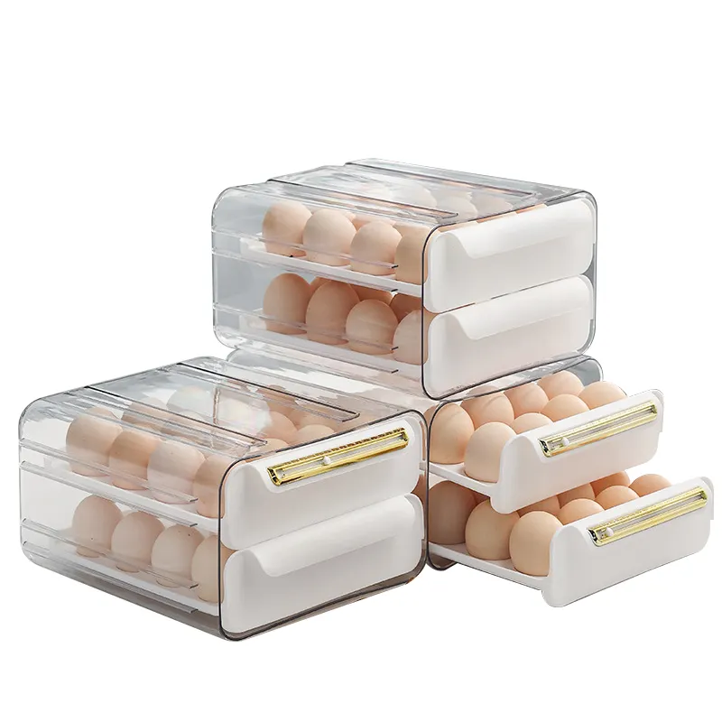 Cajones apilables de 32 rejillas, Soporte transparente para bandeja de huevos, caja de almacenamiento de 2 capas, estante para contenedores, organizador de refrigerador, contenedores con escala de tiempo