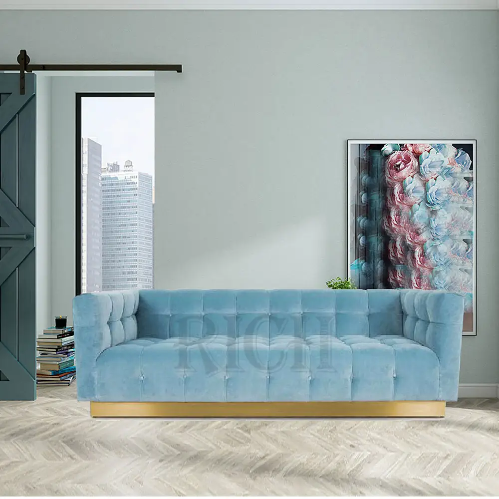 Grand canapé en tissu et velours bleu ciel, pour salon, 19 pièces, mobilier de maison, tissu rembourré en acier doré