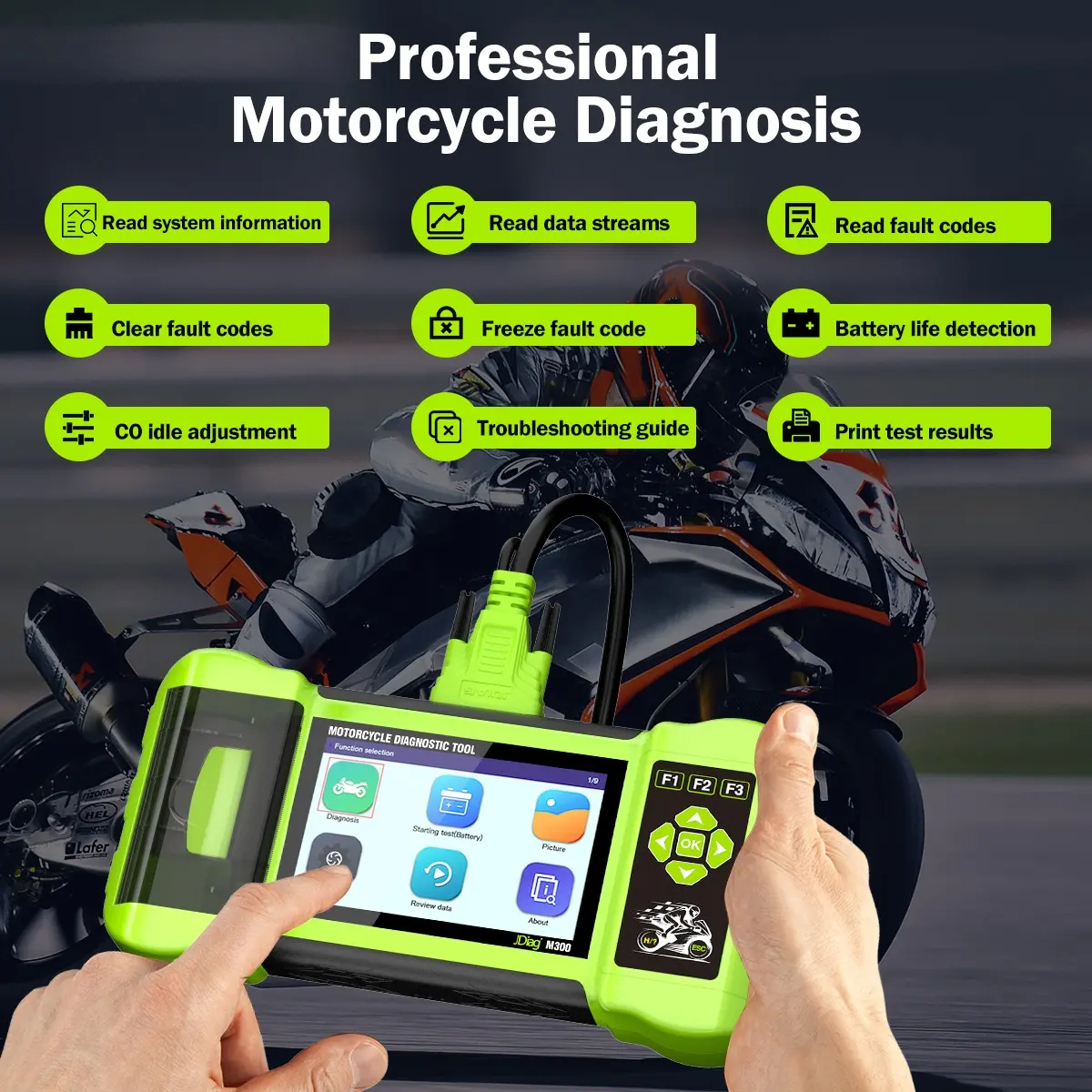 JDiag M300 moto OBD2 Scanner doppio sistema strumento diagnostico per harley davidsonmultifunzionale moto Scan