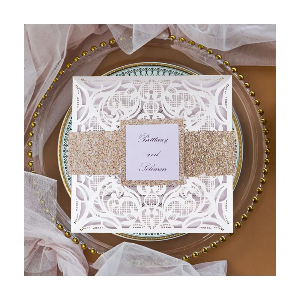 Tarjeta de felicitación hecha a mano, impresión personalizada de lujo, corte láser, purpurina, para invitaciones de boda