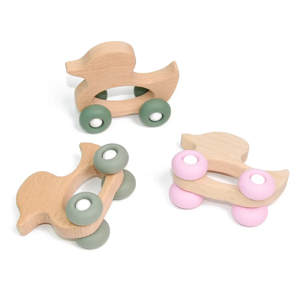 工場卸売シリコーン木製車おもちゃ赤ちゃんモンテッソーリおもちゃ車幼児用有機歯が生える木製おもちゃ