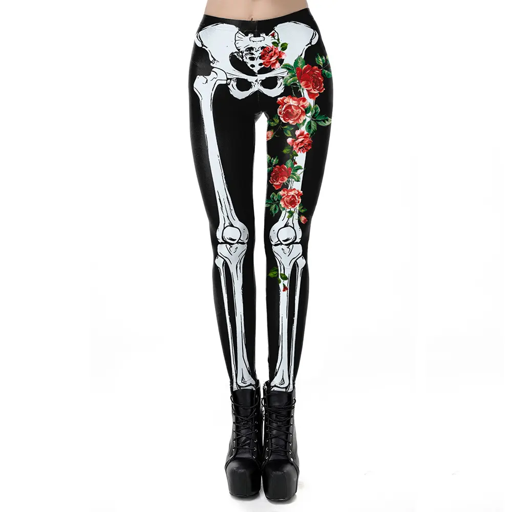 Leggings stampati digitali scheletro umano fiore rosa nuovo arrivo Halloween donna