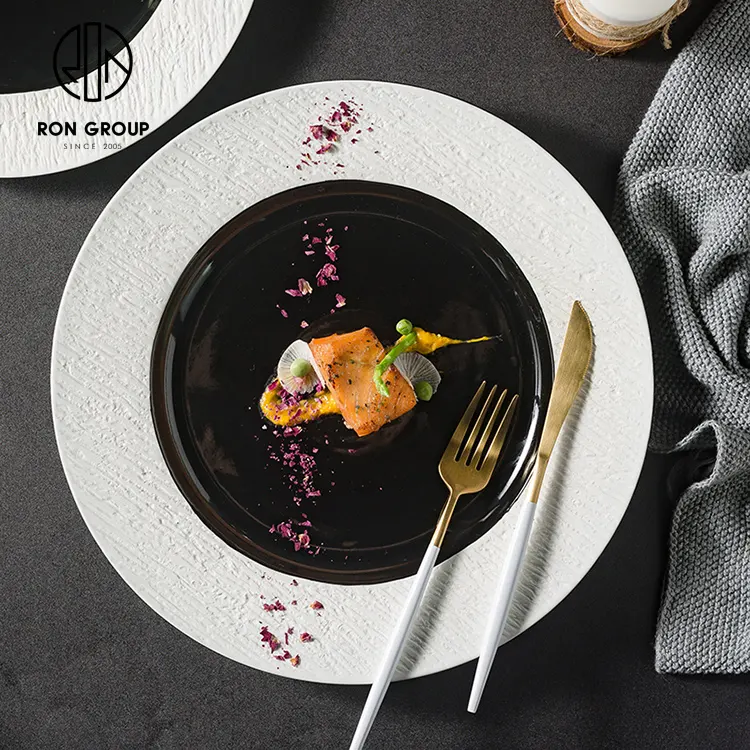Nordische Pasta Platte Französisch dekorative Licht Luxushotel Restaurant Keramik schwarz weiß Abendessen Geschirr Steak Strohhut Platte
