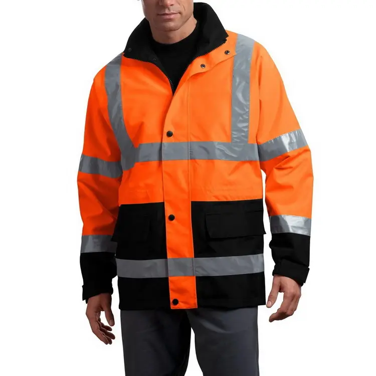 Лидер продаж, высокая видимость, полиэфирная оранжевая/темно-синяя Водонепроницаемая Светоотражающая рабочая одежда, рабочая куртка