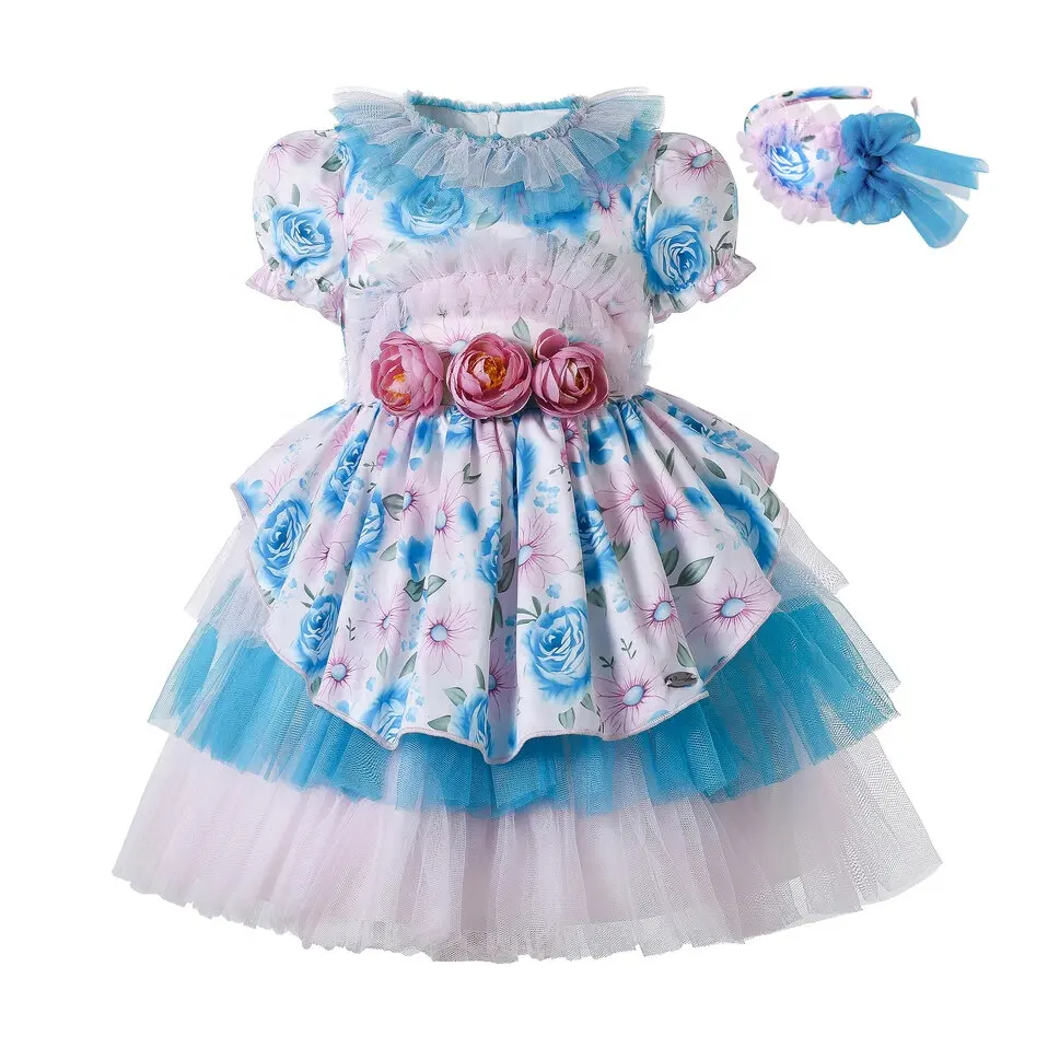 Pettigirl Children Summer Dresses for Blue Flower 11 Years Toddler Girls Easter Party Dresses for A Wedding Clothes and Hairband