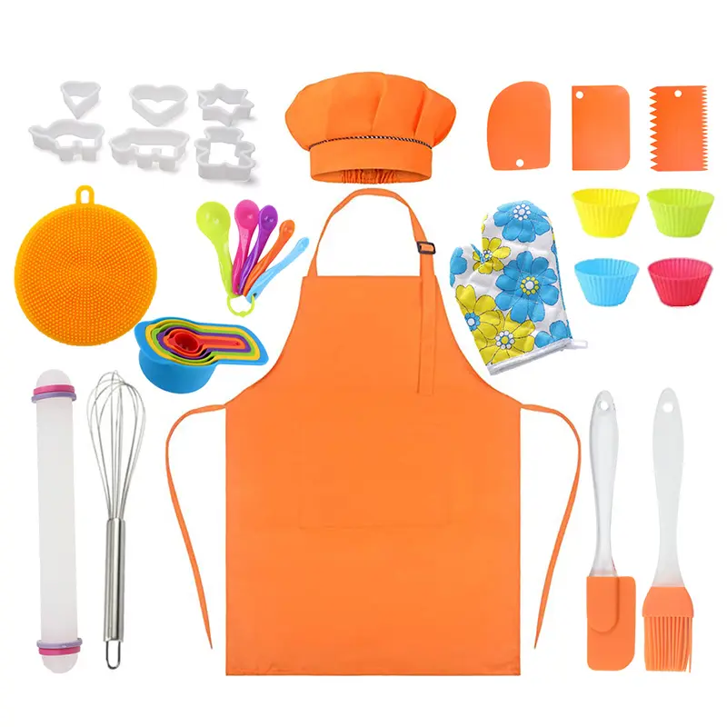 Ensemble d'outils de cuisson pour enfants, 32 pièces, vrais outils de cuisson pour cadeaux, ensemble de cuisine pour enfants comprenant un tablier pour enfants, un chapeau de Chef, un gant de cuisine