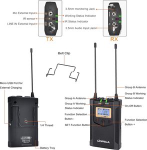 ワイヤレスラベリアマイク、キャリングバッグ付き、Comica CVM-WM100 PLUS UHF 48チャンネルDSLR用デュアルラペルマイクシステム