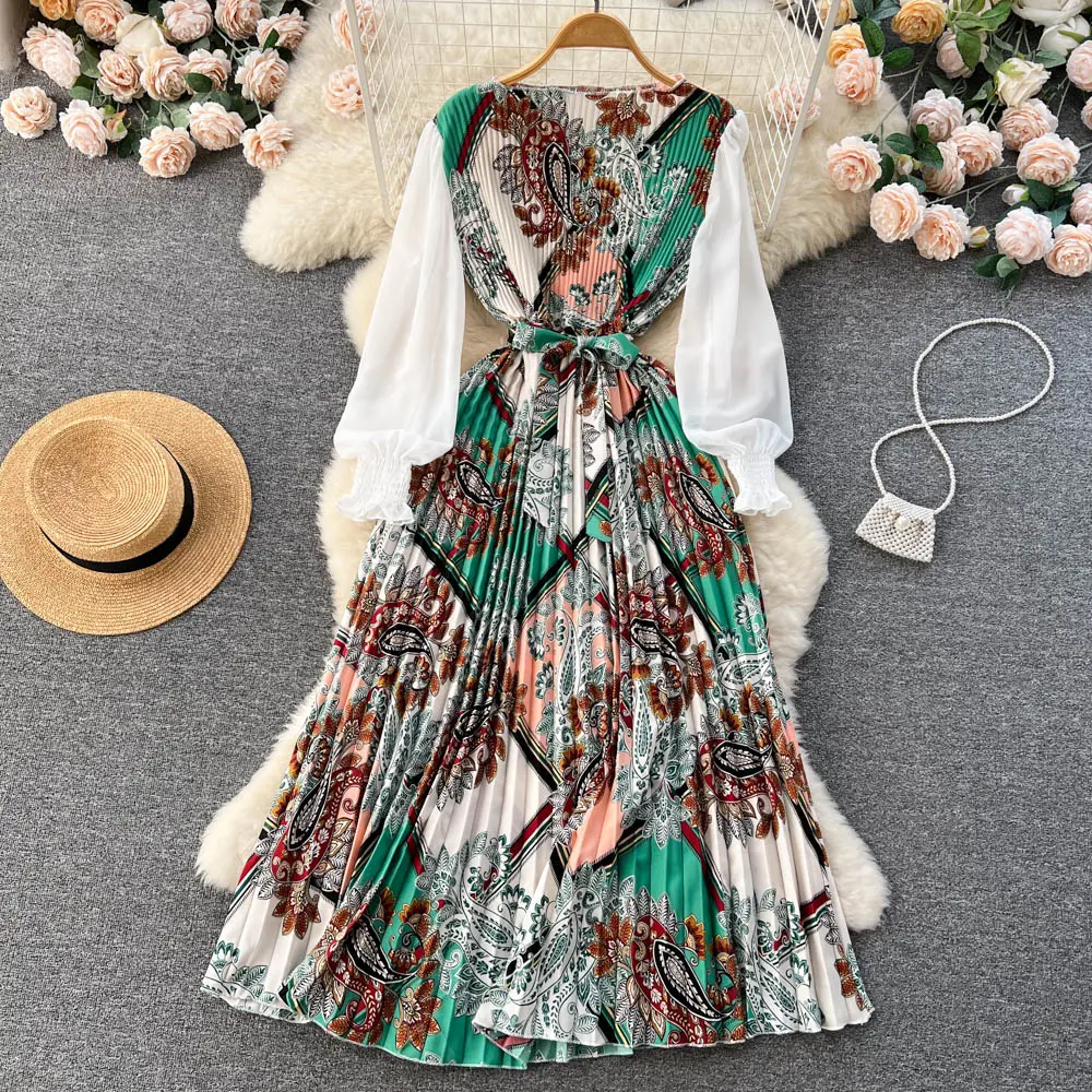 Vestido Floral de manga larga para mujer, elegante vestido informal con cuello redondo, estilo europeo y americano