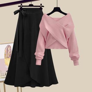 เสื้อสเวตเตอร์คอวีสำหรับผู้หญิงกระโปรงถักเอวสูงชุดสองชิ้นสำหรับฤดูใบไม้ร่วง - Product Image 6