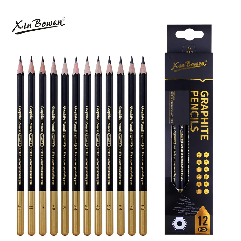 Paquete económico de 12 lápices de grafito Xin Bowen M & G, lápiz de pintura artística, suministro para estudiantes de escuela, lápices de madera